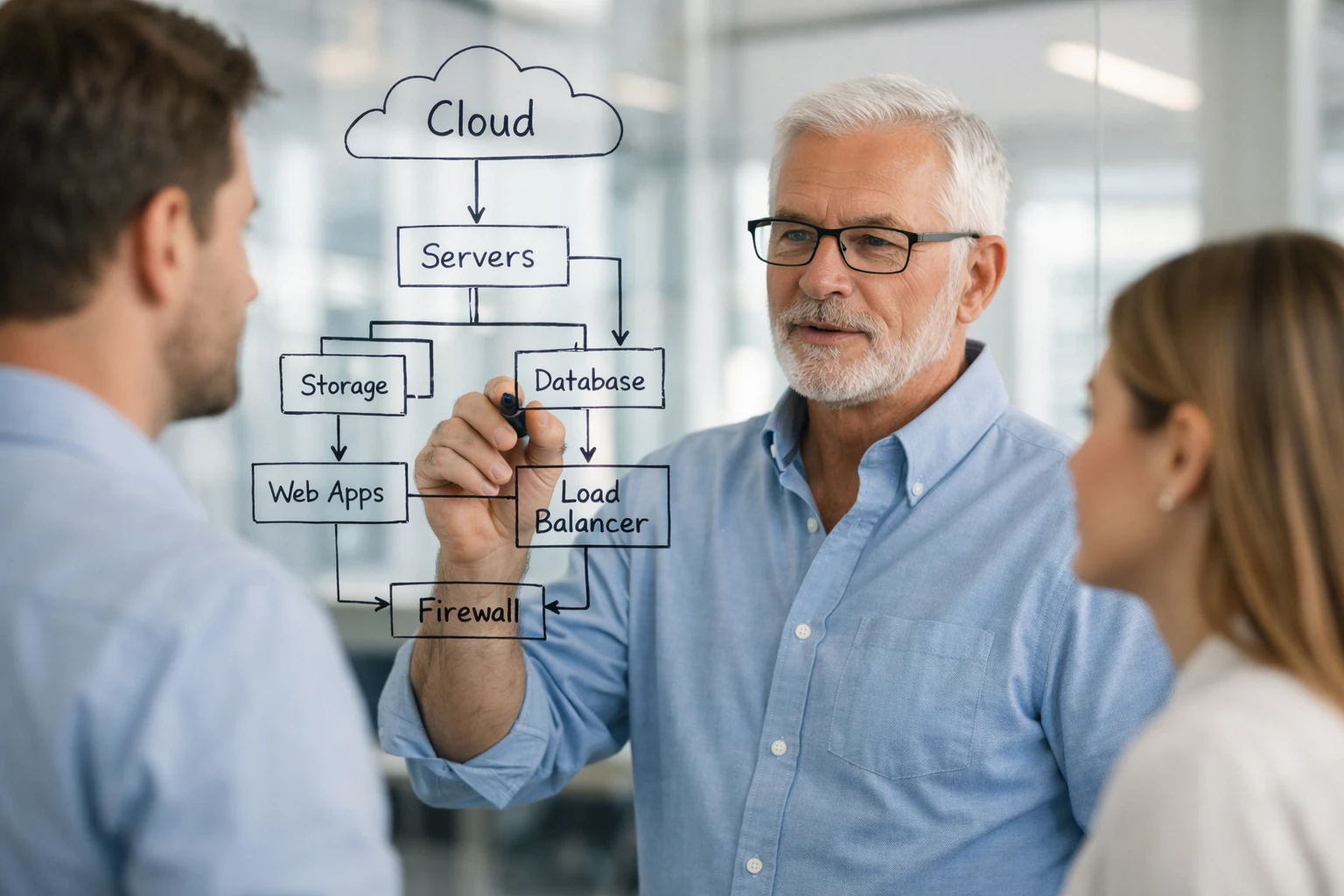 Architecte cloud dessinant un diagramme d'infrastructure structuré